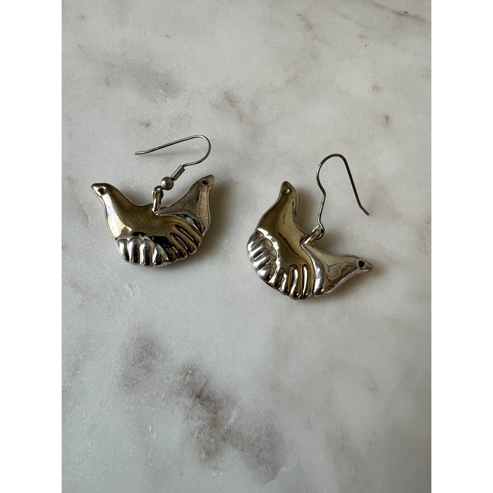 Silver Doves Earrings Peace Unity Holding Hands or Chicken Shaped Ashbey Signed